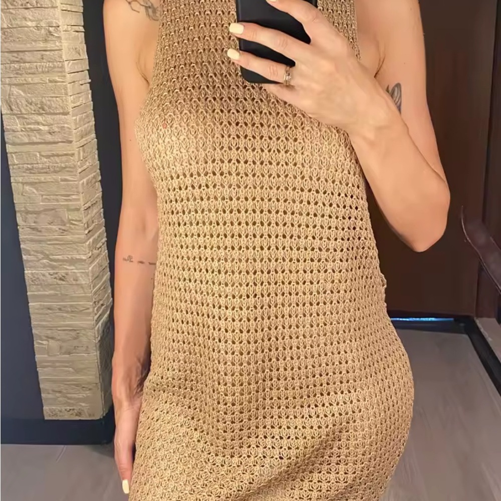 Crochet Knit Tan Sleeveless Beach /Cover -Ups Dress Wear.